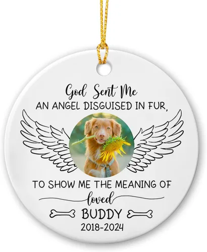 Vista 13 de Marco de fotos conmemorativo personalizado para mascotas, adorno de Navidad 2025, Un pedazo de mi corazón vive en el cielo, adorno de cerámica