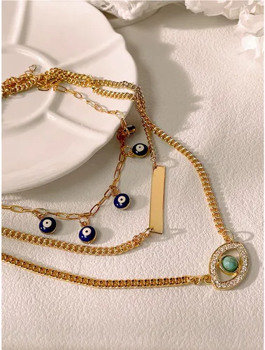 Vista 6 de Long tiantian Collares de mal de ojo para mujer, collar con dije de mal de ojo en capas de oro para niñas, bohemio, playa, media luna, malvado