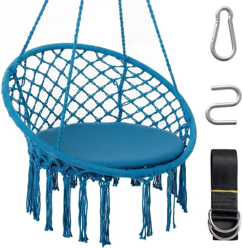 Vista 15 de Happygrill Silla de columpio, hamaca de macramé con cojín de asiento redondo, cuerdas de algodón de poliéster resistentes y anillos de metal Beige