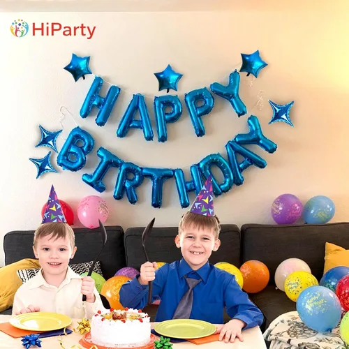 Vista 2 de Globos azules de letras de papel de aluminio de Mylar de 16 pulgadas con 6 globos de estrella, decoraciones de fiesta de feliz cumpleaños