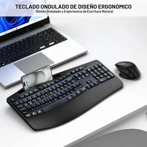 Vista 2 de Combo de teclado y mouse inalámbricos, teclas onduladas de tamaño completo 2.4G, teclado ergonómico con reposamuñecas, soporte para teléfono, mouse