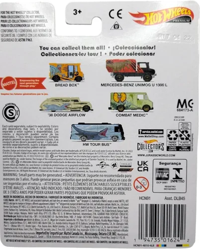 Vista 8 de Hot Wheels Jurassic World 2022 Premium Pop Culture Paquete completo de 5 unidades (DLB45‑946Q) Mosasaurus Bus, panera 'azul', T‑Rex Unimog, flujo