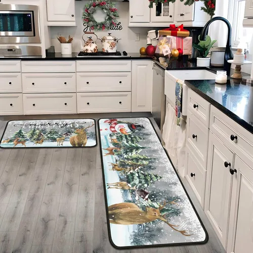 Vista 11 de Juego de 2 alfombras y tapetes de cocina navideños, decoraciones navideñas para el hogar con respaldo antideslizante, alfombra de cocina