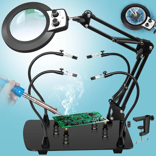 Vista 12 de Lámpara de lupa de 10 aumentos con luz y soporte, 2,200 lúmenes, luz iluminada con atenuación sin escalones en 3 colores, 4 pilares de PCB y lámpara
