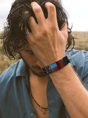 Vista 2 de U7 Bracelets for Men American Flag Bracelets 4th of July Jewelry Leather Wristband Stainless Steel18K Gold PlatedBlack Cuban Link Chain Bracelets
