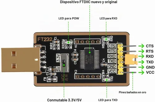 Vista 3 de FT232RL Adaptador USB a TTL para proyectos de desarrollo, módulo convertidor USB a serie con UART USB FTDI original compatible con Windows