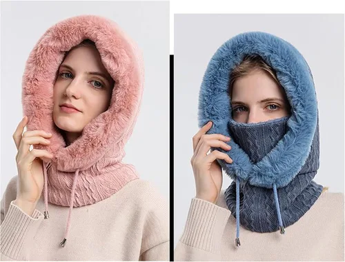 Vista 3 de Gorro de vellón para mujer de una pieza con capucha pasamontañas cálido invierno resistente al viento con cordón