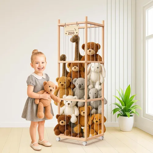 Vista 5 de Almacenamiento y Organizador de Animales de Peluche May Eileen, Soporte de Juguete de Zoológico de Madera Bonito para Habitaciones de Niños