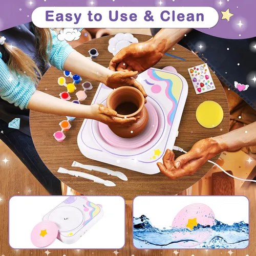 Vista 2 de weirtoya Rueda de Cerámica para Niños, Juguetes de Artes y Manualidades para Niñas de 8 a 12 años, Kit de Cerámica con 3 Paquetes de Arcilla