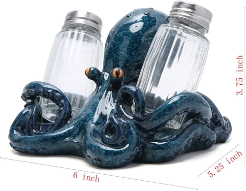 Vista 6 de Hodao Figuras de pulpo con salero y pimentero, juego de pulpo con soporte para bar de playa o decoración de cocina tropical, decoración de mesa
