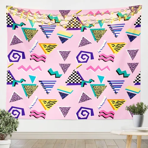 Vista 21 de Tapiz retro de los años 80 y 90, tamaño pequeño de 51 x 59, tapices geométricos abstractos urbanos modernos y colgantes de pared triangulares, arte