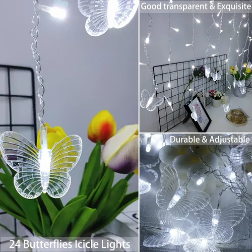 Vista 5 de Luces de Hadas de Cortina de Mariposa con Enchufe USB, 120 LED, 8 modos, 20 pies, luces de cadena de carámbanos centelleantes de luciérnaga