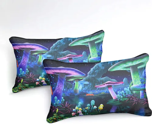 Vista 3 de Juego de funda de edredón psicodélico de fantasía con diseño de hongos psicodélicos, galaxia, verde cielo, morado, diseño de hongos estrellados, #1