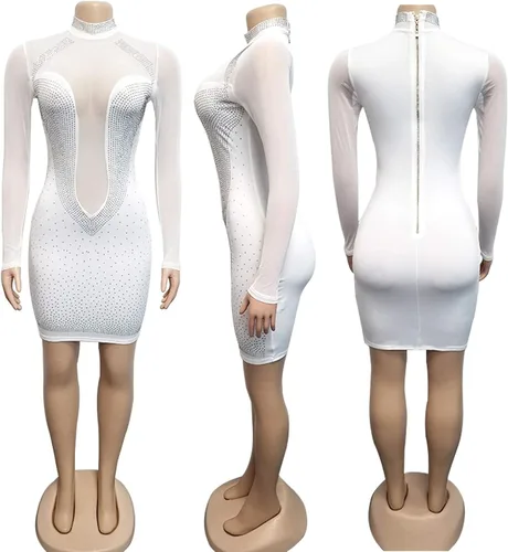 Vista 5 de PORRCEY Vestido sexy para mujer, con diamantes de imitación, para fiesta, club, noche, club, club, para mujer