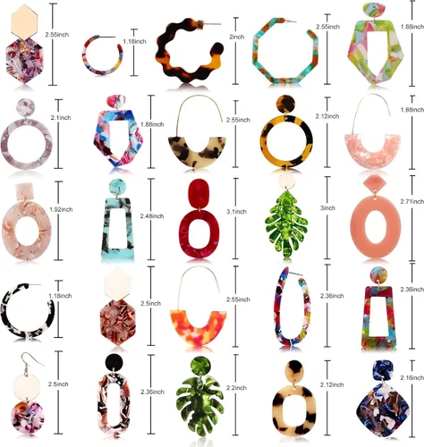 Vista 4 de FIFATA Juego de 25 pares de aretes de resina acrílica para mujeres y niñas, aro moteado, joyería colgante de gota hipoalergénica para orejas