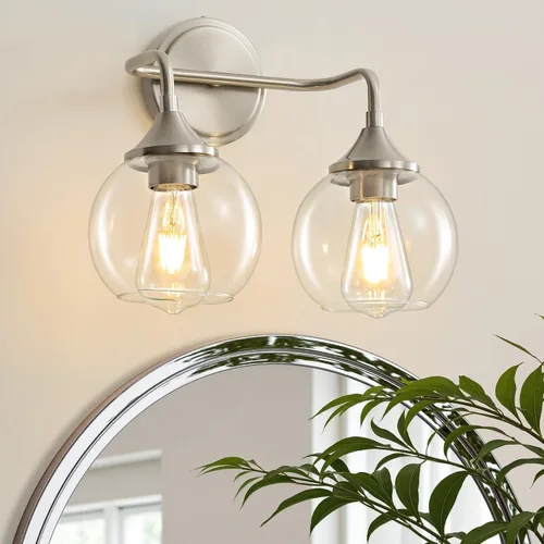 Vista 9 de Lámpara de Tocador de Baño Dorada con Pantalla de Vidrio Transparente, Base E26, Luminarias de Baño de 2 Luces Sobre Espejo, Luces de Tocador de 14