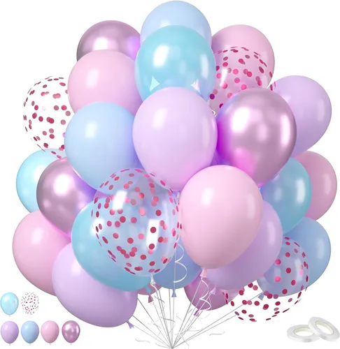 Vista 24 de Globos de látex rosa intenso, azul, morado, 50 globos de látex de 12 pulgadas con confeti metálicos para niños, temática mágica, cumpleaños, baby