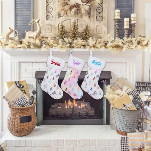 Vista 5 de Medias de Navidad personalizadas, 18 medias de Navidad grandes y coloridas para niños, medias grandes de piel sintética personalizadas, medias