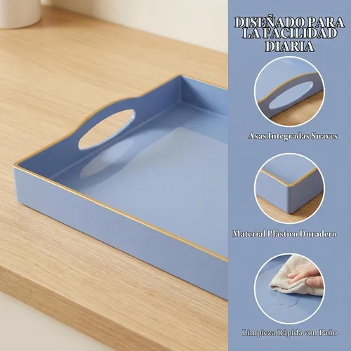 Vista 3 de Bandeja de servir azul con 4 asas, bandeja decorativa de plástico para mesa de café, otomana - Ideal para sala de estar y baño. 15 x 11 x 1.9 Azul 1