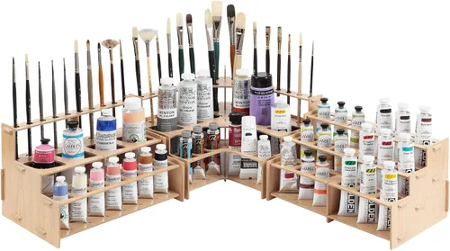 Vista 8 de Mezzo Artist Paint and Brush Rack - Soporte de Escritorio Multicapa de Laminado Veteado de Madera Organizador de Almacenamiento y Exhibición