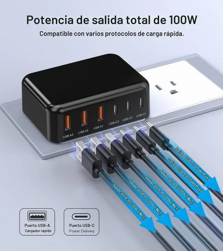 Vista 5 de Bloque de Carga Rápida, Cubo de Estación de Carga GaN de 6 Puertos USB C, Cargador de Pared de 100W de Tipo C de Múltiples Puertos con Enchufe