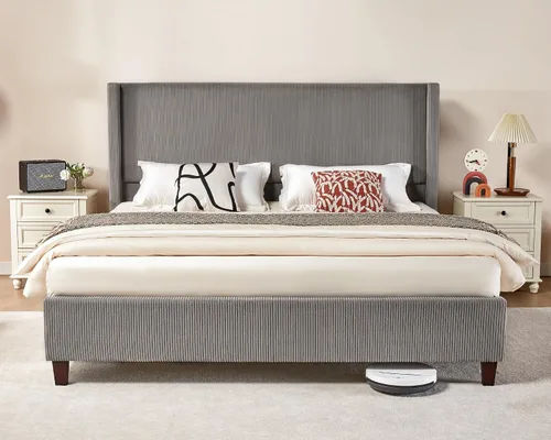 Vista 10 de VanAcc - Base de cama tapizada de pana tamaño Queen con cabecera de ala Crema