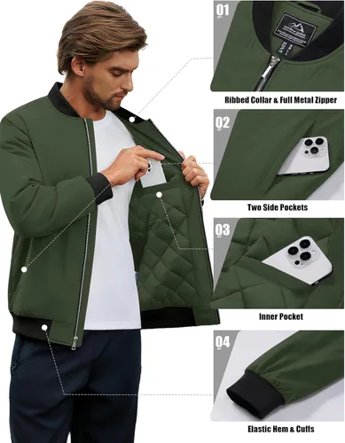 Vista 6 de Cotrasen Chaqueta bomber para hombre, para otoño e invierno, cálida, rompevientos, con cremallera completa, acolchada, casual