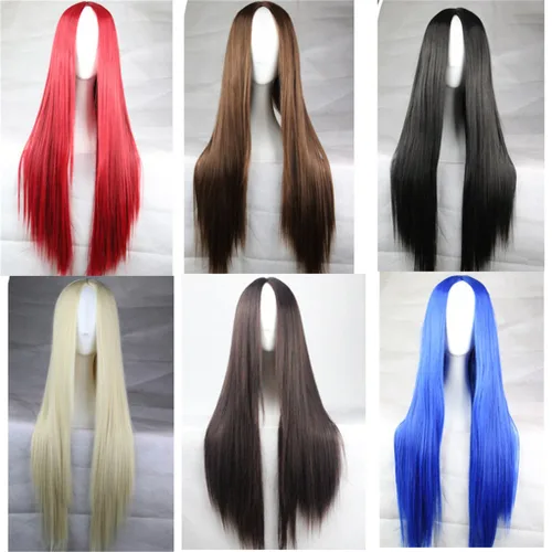 Vista 2 de Flonding 29.5 in 29.5 pulgadas peluca marrón claro para mujer, peluca larga recta de pelo sintético sin flequillo, cosplay, anime, Halloween
