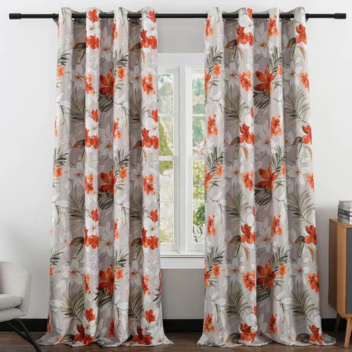 Vista 16 de Leeva Cortinas opacas con estampado de flores y hojas, estilo campestre, aislamiento térmico, cortinas reductoras de luz para comedor, 2 paneles, 52