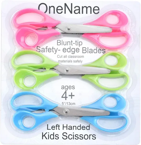 Vista 7 de OneName Tijeras zurdas para niños, tijeras para zurdos de 5 pulgadas para niños, hoja de acero inoxidable, asas de agarre cómodo, tijeras