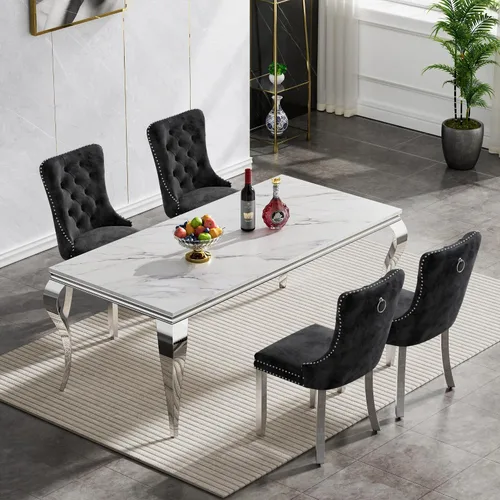 Vista 97 de Juego de mesa de comedor de mármol sintético, 7 piezas, juego de mesa de cocina y comedor para 6, mesa de comedor rectangular blanca de 70 pulgadas
