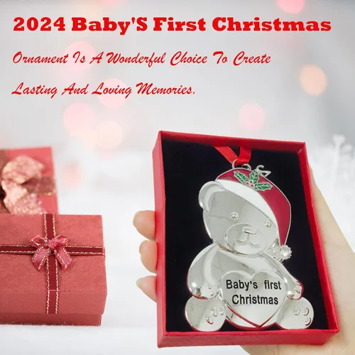 Vista 4 de Adorno de Navidad para bebé 2024, adornos de Navidad personalizados, oso de peluche de metal con gorra de Navidad roja, adorno colgante para árbol