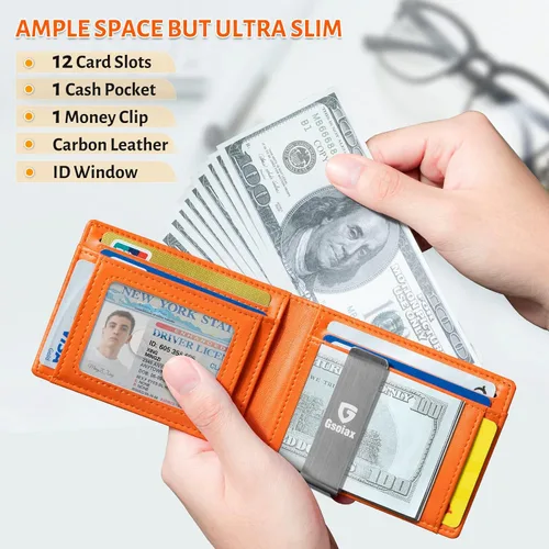 Vista 2 de GSOIAX Billeteras para hombre con bloqueo RFID, delgadas y plegables para hombre, minimalista, cuero auténtico, fibra de carbono, clip para dinero