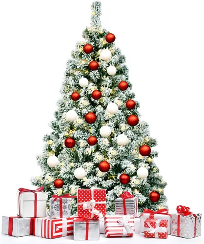 Vista 23 de HAPPYGRILL - Árbol de Navidad artificial preiluminado de 2.1 m, árbol de Navidad con nieve flocada y 320 luces LED multicolor, 8 modos de Snow Pe