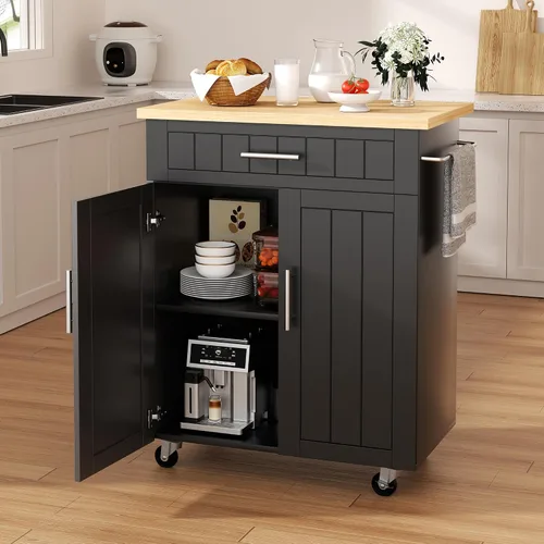 Vista 13 de Shintenchi - Carrito de isla de cocina con almacenamiento, mesa rodante Negro-22 pulgadas