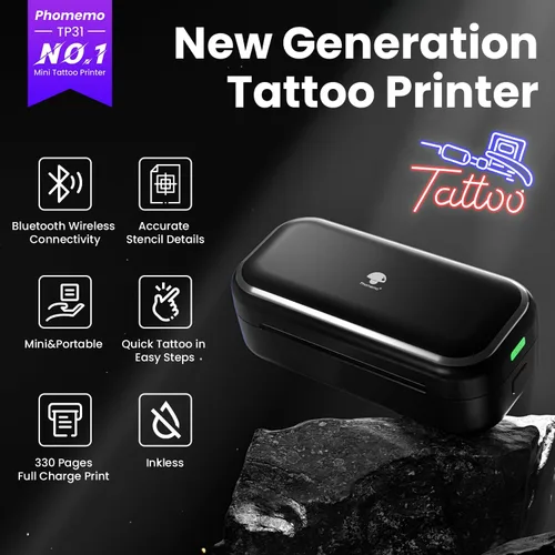 Vista 2 de Phomemo TP31 - Impresora de plantillas de tatuajes, mini fabricante de tatuajes temporales con 30 piezas de papel de transferencia, máquinas