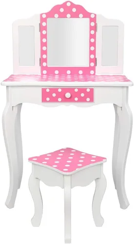 Vista 4 de ShyneeMakeup - Juego de tocador de madera de princesa con taburete acolchado, cajón, patas de madera y espejo, juego de maquillaje para niñas