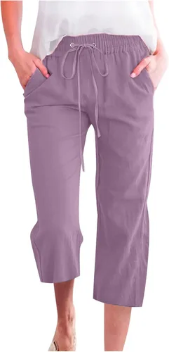 Vista 34 de Ceboyel Pantalones capri para mujer para verano, cintura elástica, pantalones de yoga, con cordón, pantalones de lino, pantalones de entrenamiento