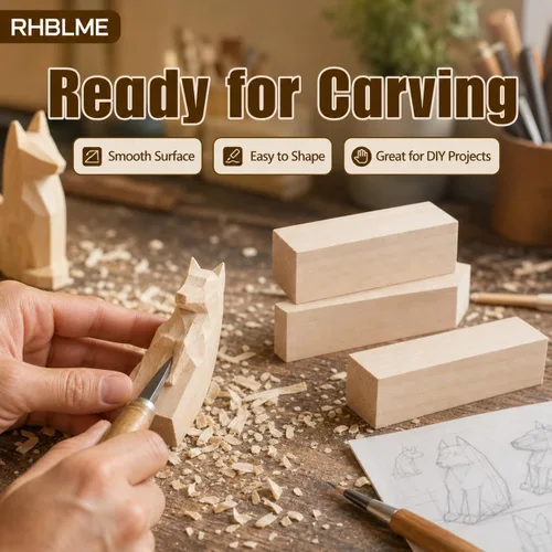 Vista 5 de RHBLME 40 bloques de tallado de tilo, bloques de madera sin terminar de 4 x 1 x 1 pulgada para tallar, cubos de madera maciza suave para tallar