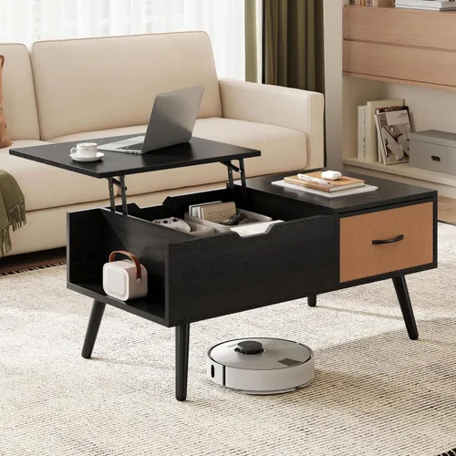 Vista 2 de Yaheetech Mesa de centro elevable para sala de estar, mesas centrales pequeñas de madera con gran cajón de almacenamiento y compartimento oculto