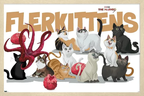 Vista 7 de Marvel The Marvels - Póster de pared de Flerkittens, 22.4 pulgadas de largo x 14.7 pulgadas de ancho, versión enmarcada de madera de granero