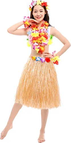 Vista 2 de Falda de paja hawaiana Luau Hula de 24 pulgadas con flores de hibisco, color natural para fiestas en la playa y disfraces