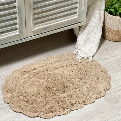 Vista 3 de Chardin home Alfombra de baño de ganchillo beige, alfombra de baño ovalada 100% algodón con borde de ganchillo artesanal hecho a mano, alfombra