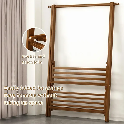 Vista 3 de Perchero de bambú portátil plegable con estantes de almacenamiento y riel de ropa colgante para entrada, dormitorio, espacios pequeños