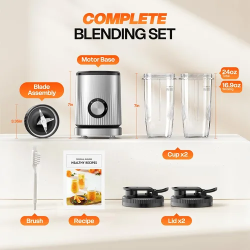 Vista 8 de Turelar Licuadora para licuados de frutas portátil para batidos y batidos para cocina con 2 vasos portátiles de 24 onzas y tapa extra, máquina
