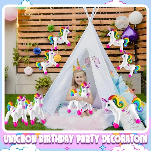 Vista 2 de Decoraciones inflables de fiesta de unicornio – (paquete de 4) 24 pulgadas – Unicornios grandes de arco iris inflables para decoraciones