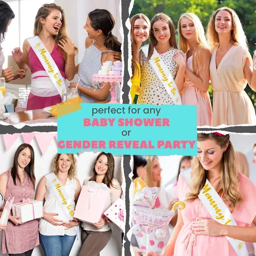 Vista 2 de CORRURE Banda para baby shower para niño o niña, banda con la frase "Mommy to Be" con hermosa cinta blanca y texto dorado con purpurina, ideal