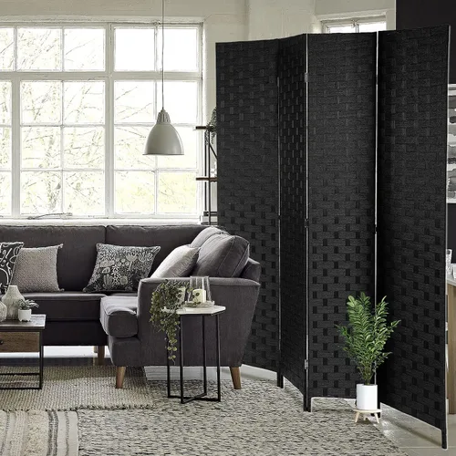 Vista 5 de HCY Separadores de habitación, 4 paneles de 6 pies, pantalla de privacidad plegable de malla de madera tejida a mano para sala de Negro