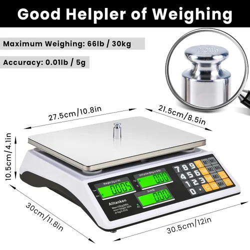 Vista 5 de Báscula digital de cálculo de precios de 66 libras / 66.1 lbs con pantalla LCD dual y modo de conteo — Báscula de alimentos de acero inoxidable
