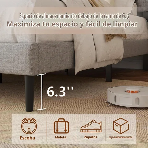 Vista 5 de HAOARA - Base de cama tamaño Queen con cabecera acolchada tapizada en terciopelo y diseño acanalado vertical y respaldo en forma de ala, base